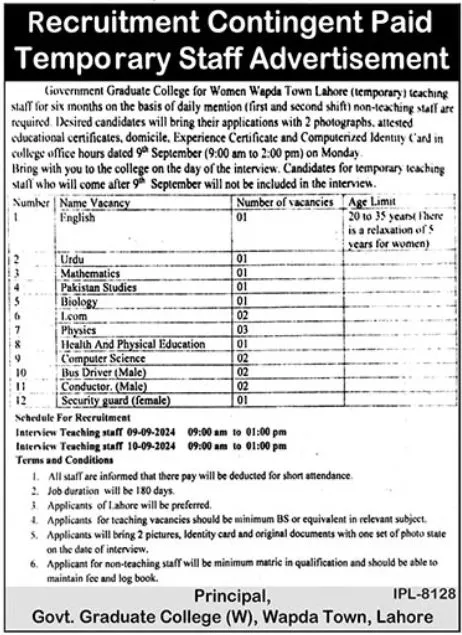 Vacant Position at Government Graduate College Lahore September Advertisement 2024