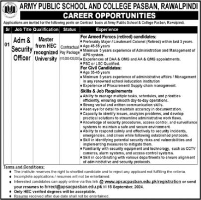 Army Public School & College APS&C Rawalpindi Jobs September 2024 Administration and security jobs