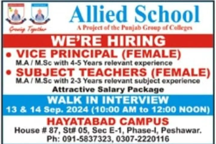 Latest Education Jobs at Allied School Peshawar September 2024