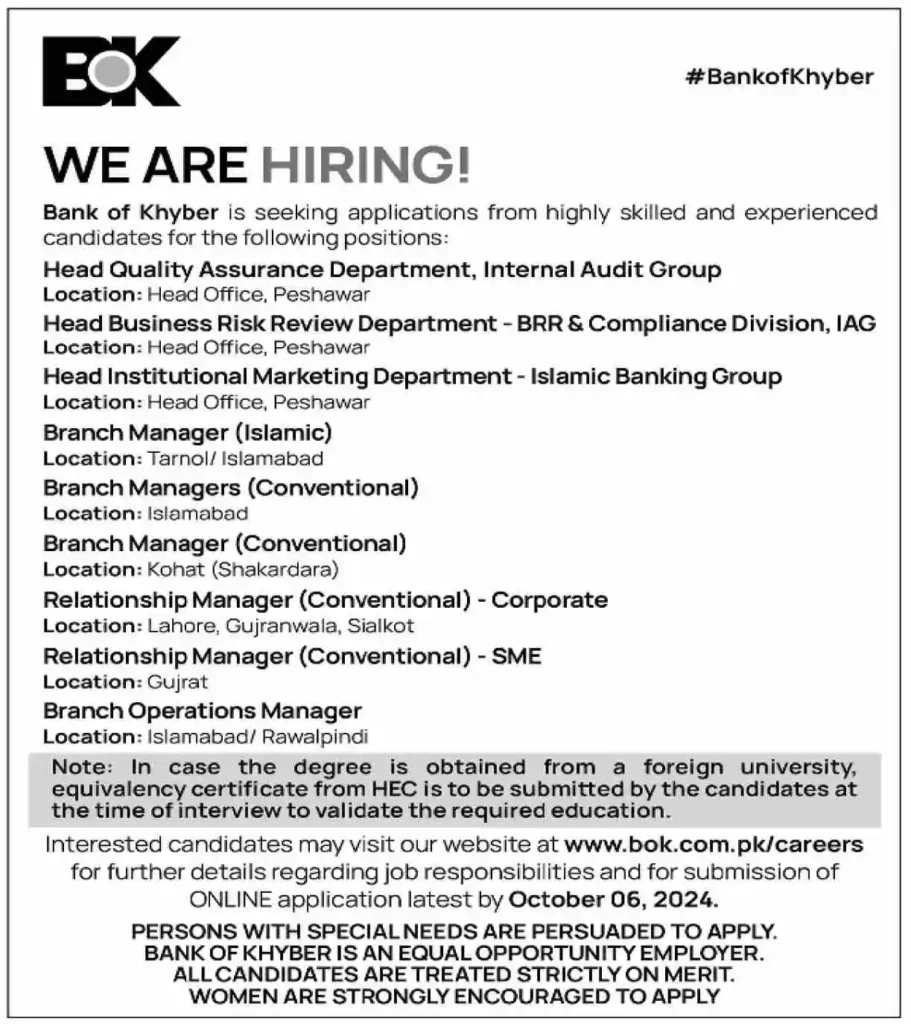 Apply Online www.bok.com.pk/career- Bank of Khyber Jobs Sept 2024