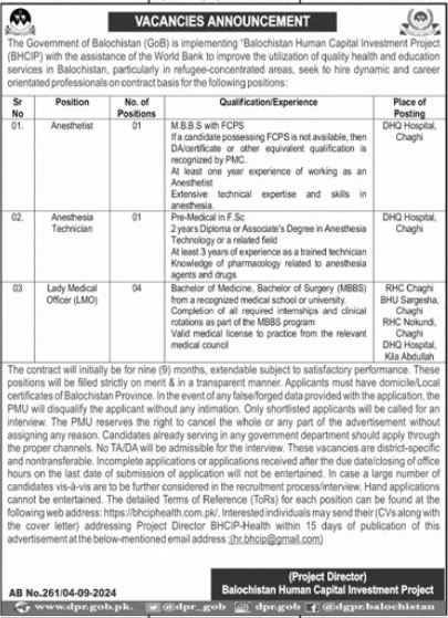 Balochistan Human Capital Investment Program BHCIP Jobs in Quetta September 2024 Advertisement