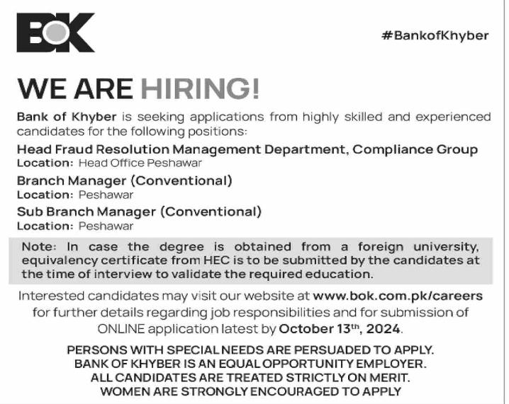 BOK Bank of Khyber Peshawar Jobs October 2024