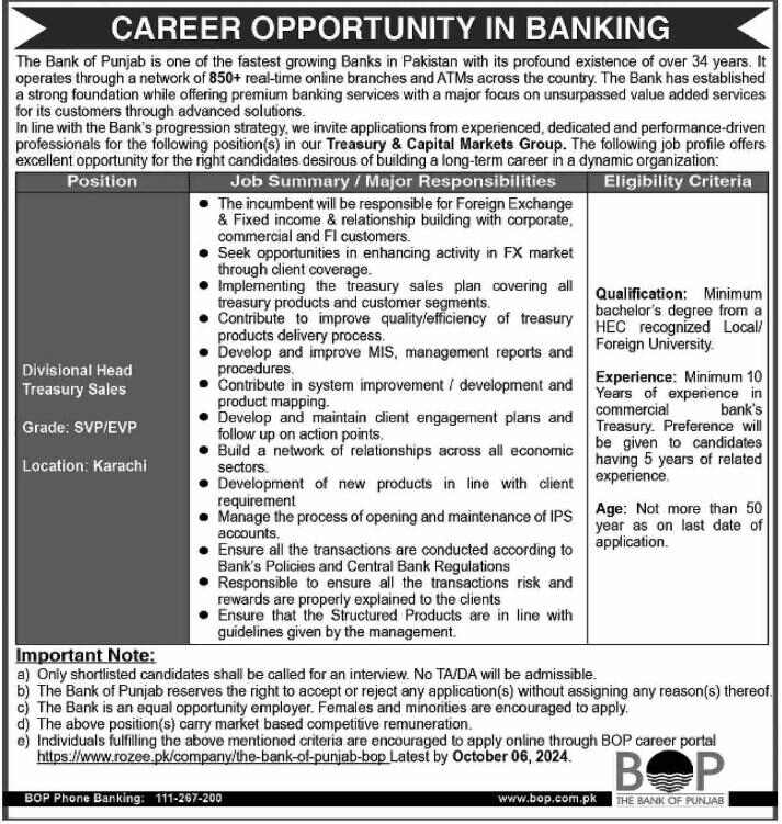 Bank of Punjab BOP Career Opportunities in Karachi September 2024