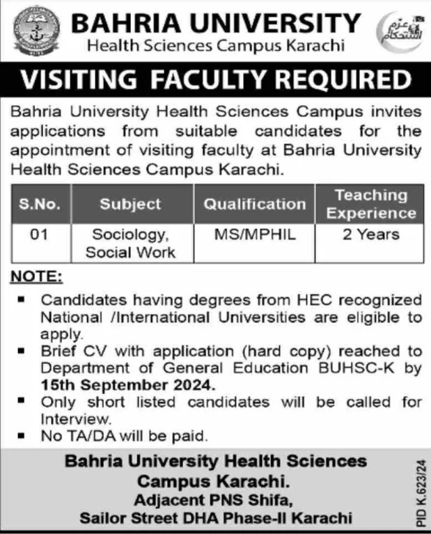 Bahria University Education Jobs September Advertisement 2024