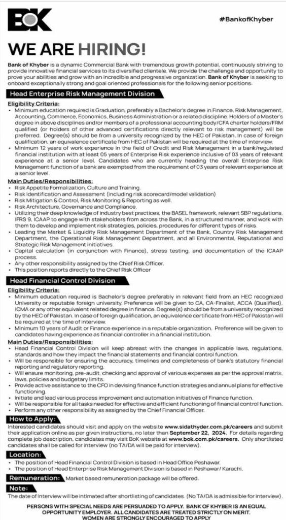 New Bank of Khyber BOK Management Jobs September 2024