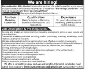 Marketing Manager Jobs at Bannu Woollen Mills Ltd Rawalpindi September 2024 Advertisement