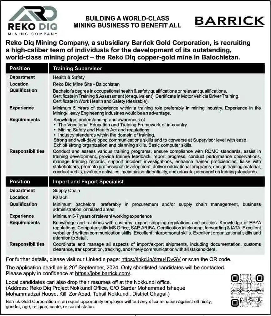 Latest Barrick Pakistan Reko Diq Supervisor Jobs September 2024