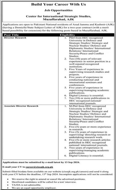 New Job Vacancies at CISS Muzaffarabad September 2024-Online Apply