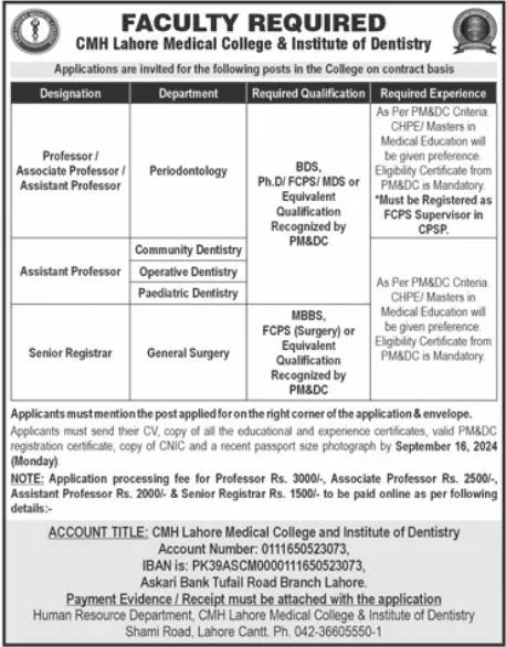 New CMH Lahore Medical College Education Jobs September 2024 Advertisement