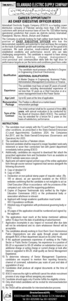 Chief Executive Officer IESCO Jobs in Islamabad October 2024