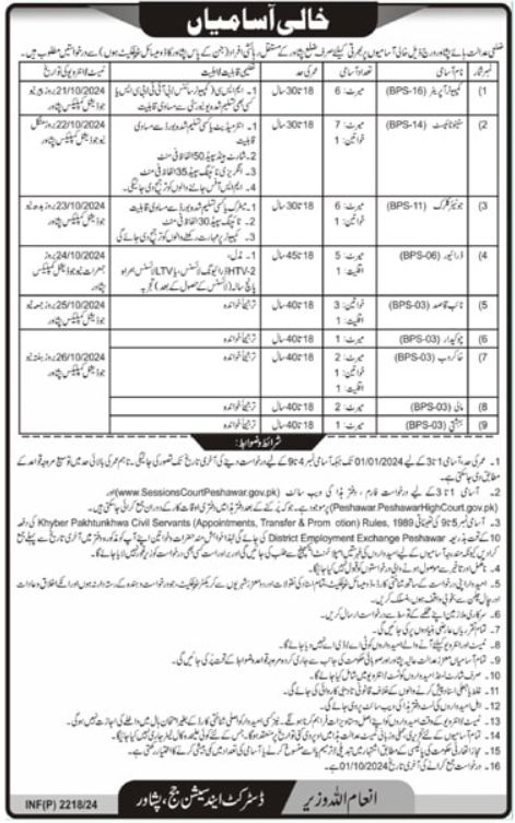 District and Session Court Jobs in Peshawar September 2024