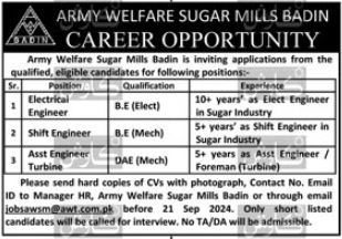 New Engineering Jobs Army Welfare Sugar Mills Badin September 2024 Advertisement