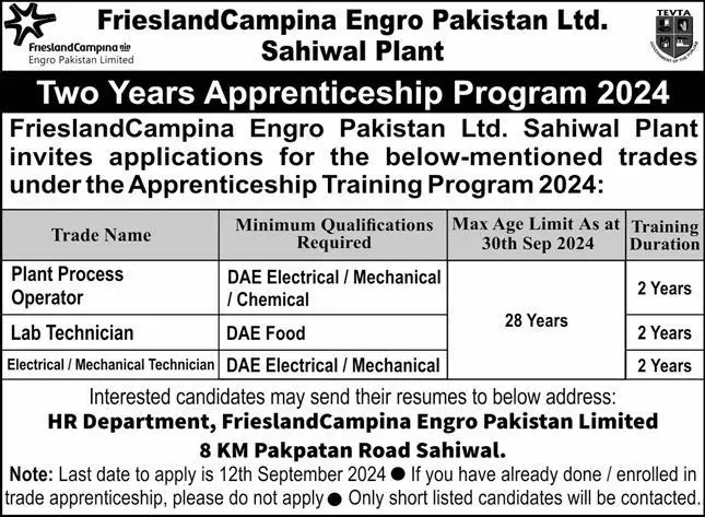 Frieslandcampina Engro Pakistan Sahiwal Jobs September 2024 Advertisement