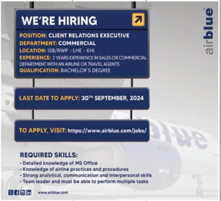 Executive Airblue Jobs September 2024 Advertisement - Lahore, Islamabad, Karachi, Rawalpindi