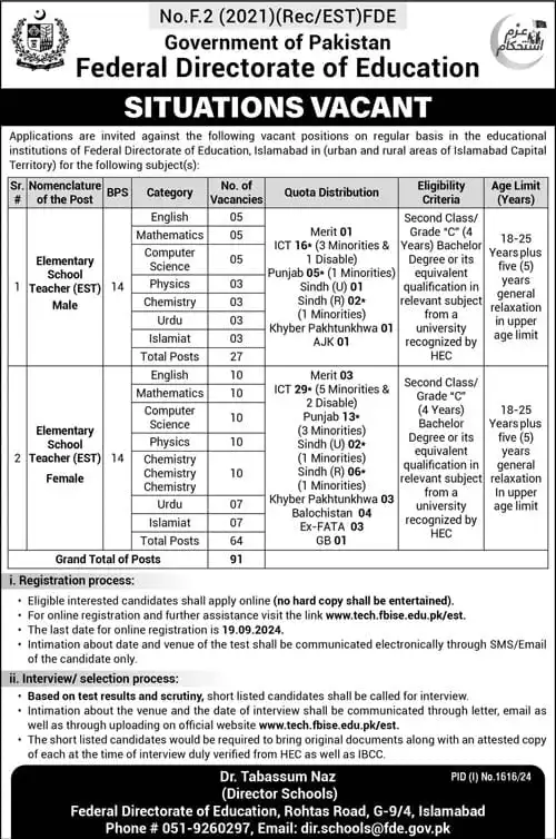 Federal Directorate of Education FDE Elementary School Teacher EST Jobs in Islamabad September 2024 Advertisement