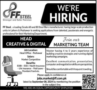 FF Steel Manufacturing Industry Jobs September 2024 Advertisement for post of Head creative and digital