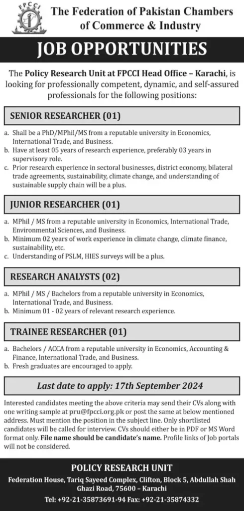 Federation of Pakistan Chambers of Commerce & Industry FPCCI Jobs September 2024 for researcher positions