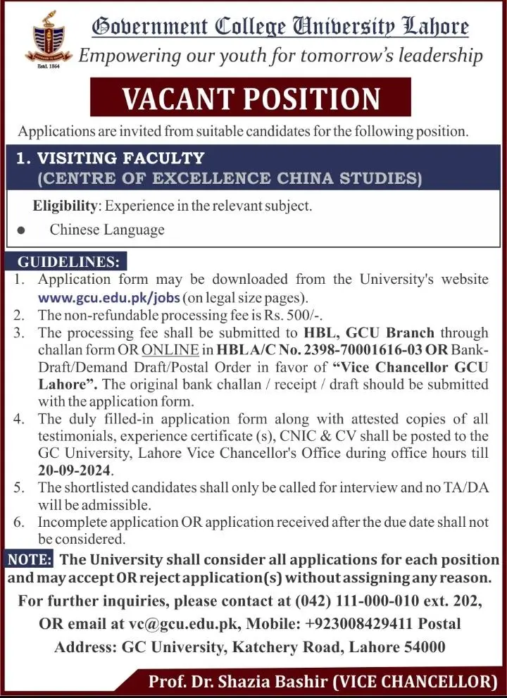 Government College University GCU Lahore Jobs September 2024