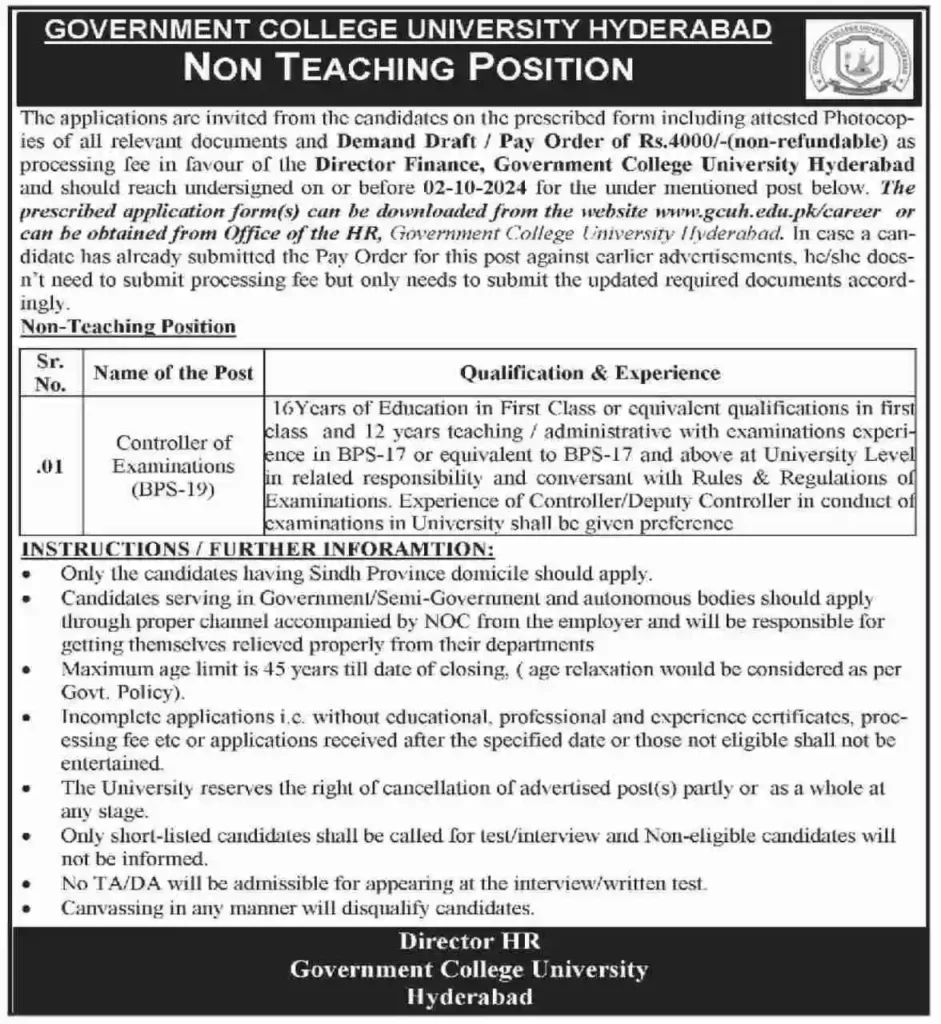 Government College University Hyderabad GCUH Jobs September 2024