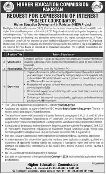 Higher Education Commission HEC Project Coordinator Jobs Islamabad