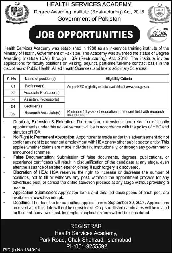 Latest Health Services Academy HSA Islamabad Jobs September 2024 Advertisement