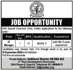 Information Technology IT Manager Jobs in DHA Karachi September 2024 Advertisement