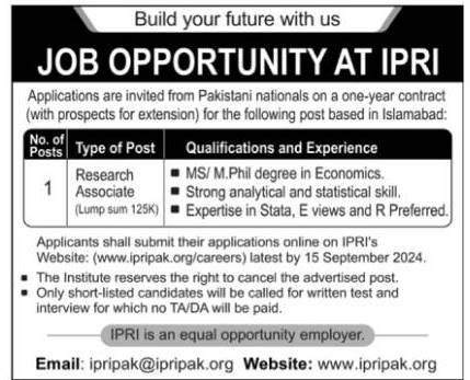 Islamabad Policy Research Institute IPRI Jobs In Islamabad 2024 September Advertisement