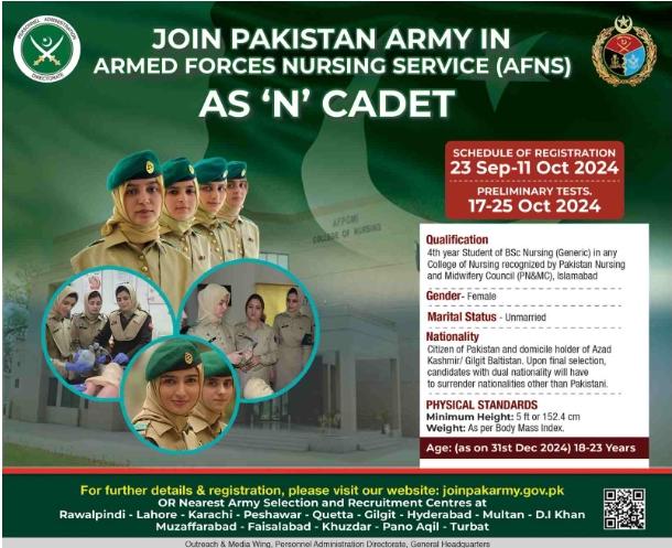 Join Pak Army Job as Nursing Cadet-Female AFNS Jobs October 2024