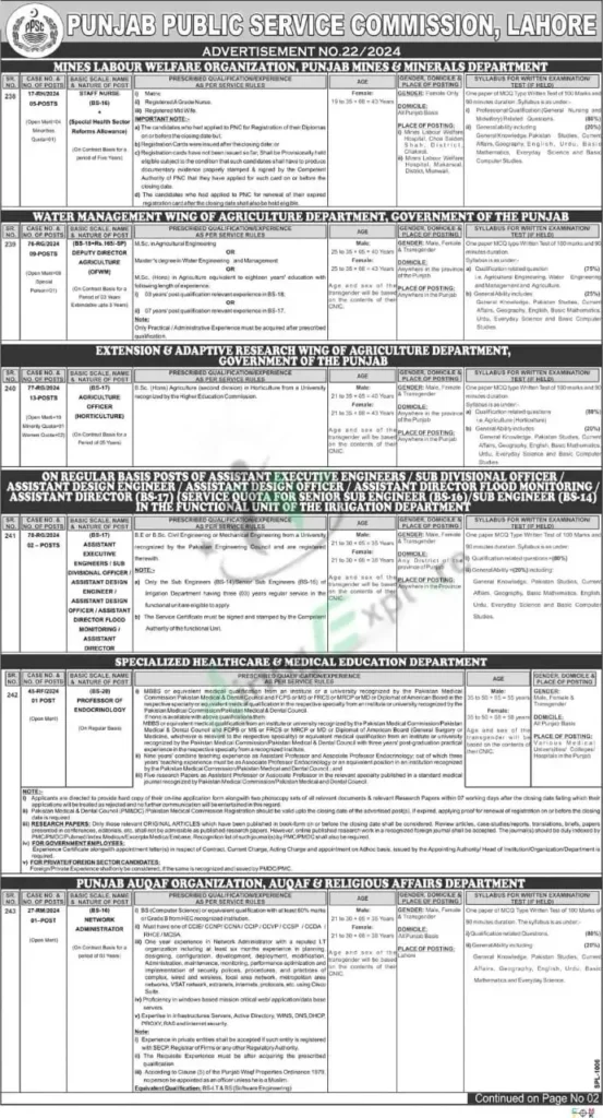 Latest PPSC Jobs Advertisement 22-2024 Lahore