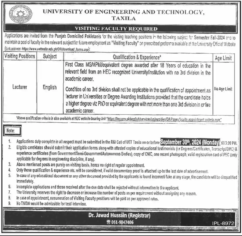 Lecturer English UET Taxila Jobs September Advertisement 2024 