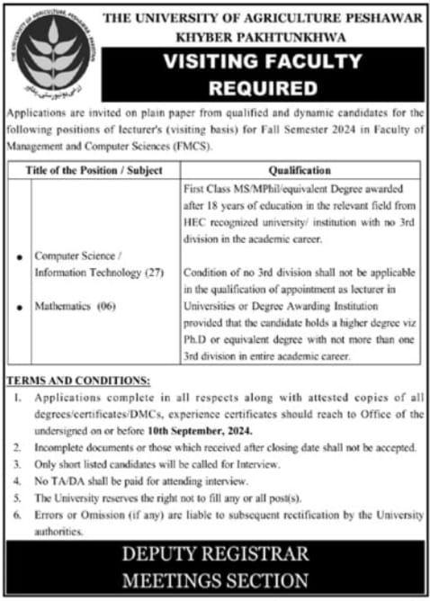 Lecturer Jobs at University Of Agriculture Peshawar September 2024 Advertisement