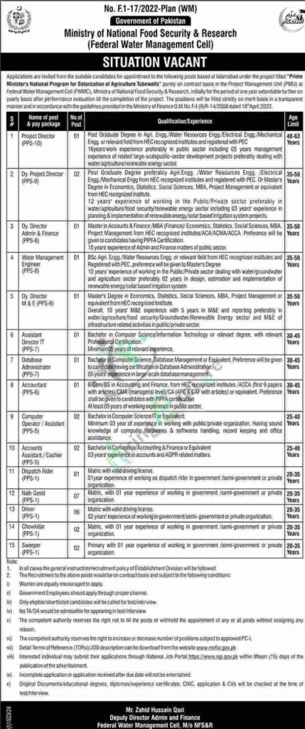 Ministry of National Food Security and Research MNFSR Jobs September 2024 Advertisement