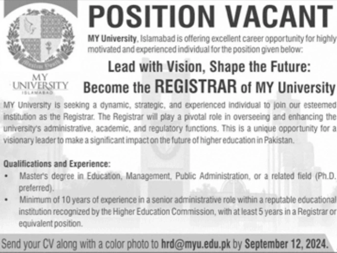 New Registrar Jobs at MY University Islamabad September 2024 Advertisement