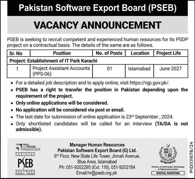 New Management Job Vacancies at PSEB Islamabad September 2024 Advertisement