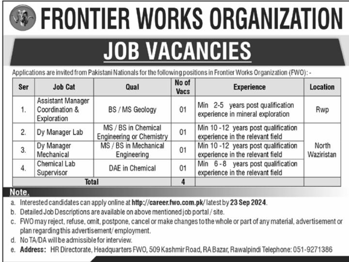 Management Jobs in FWO Frontier Works Organization September 2024 Advertisement