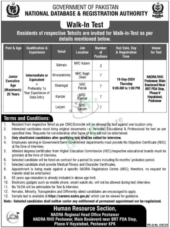 Latest National Database & Registration Authority NADRA Jobs in Peshawar September Advertisement 2024