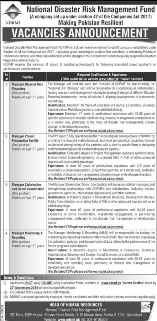 National Disaster Risk Management Fund NDRMF Jobs in Islamabad 2024