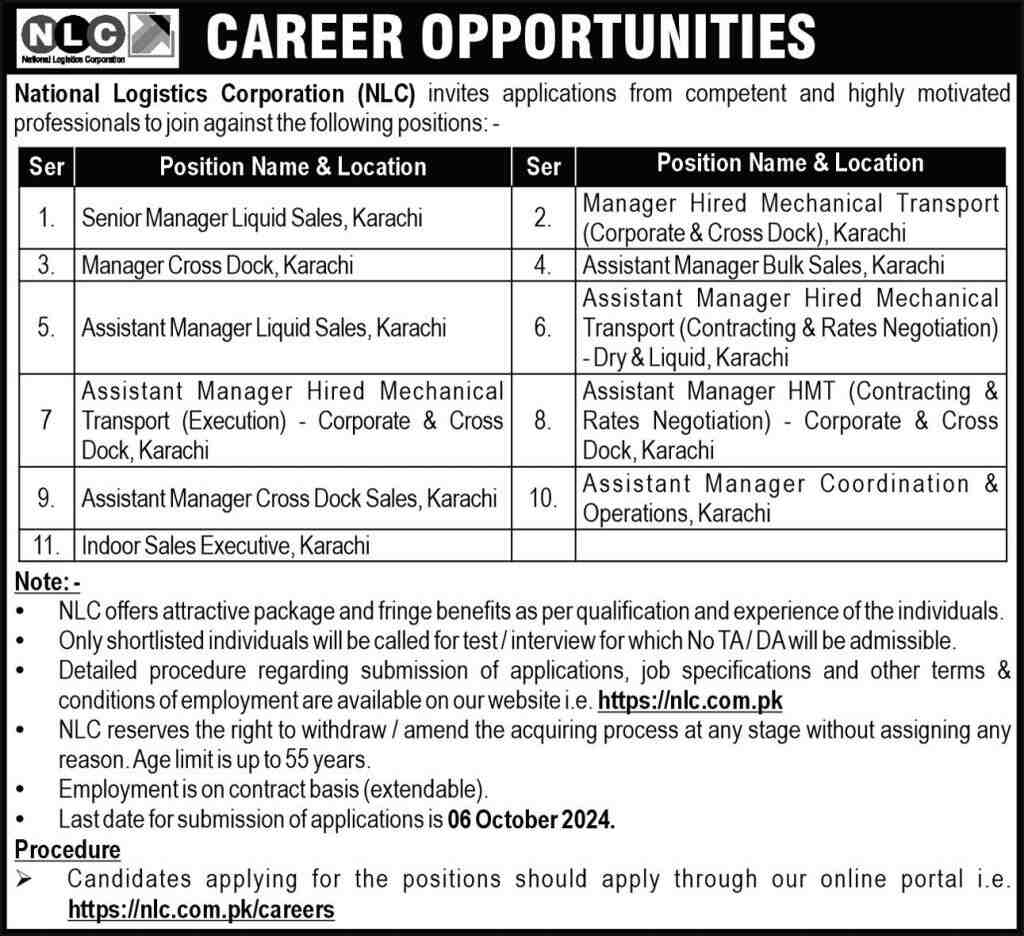 New National Logistics Corporation Career NLC Karachi 2024 Advertisement