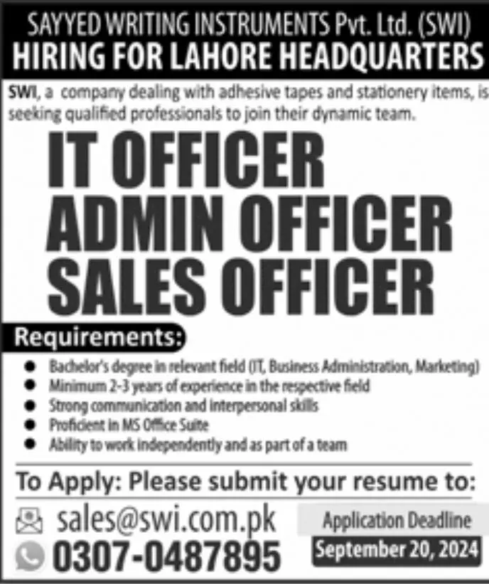 IT officer Jobs at Sayyed Writing Instrument Lahore 2024