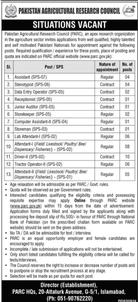 Pakistan Agriculture Research Council PARC Jobs in Islamabad 2024