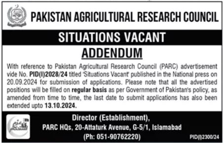 Pakistan Agriculture Research Council PARC Jobs in Islamabad 2024