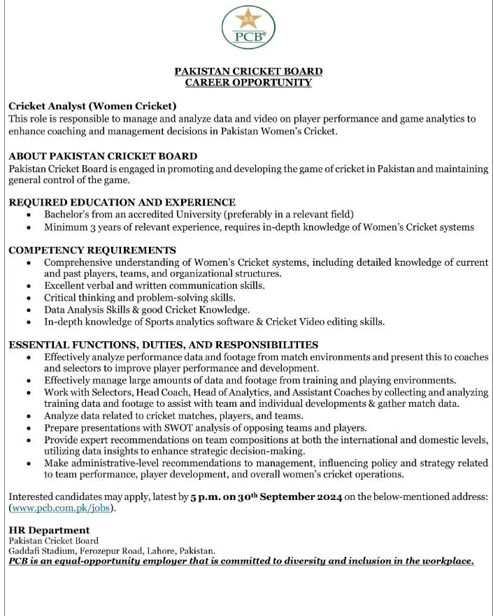 Pakistan Cricket Board PCB Jobs September 2024 Advertisement