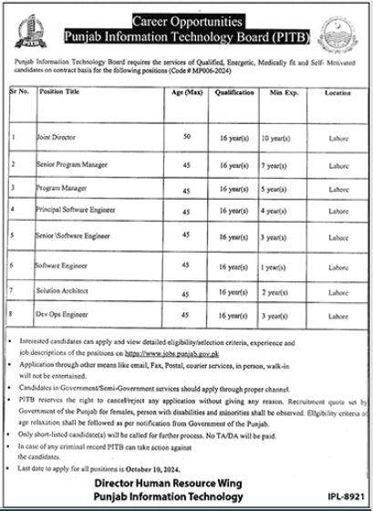 Punjab information Technology Board PITB Jobs in Lahore 2024