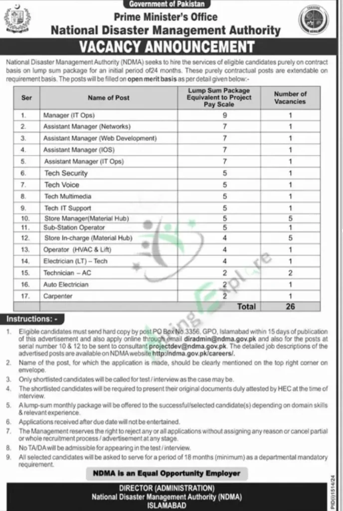 Prime Minister Office PMO National Disaster Management Authority Jobs in Islamabad September Advertisement 2024