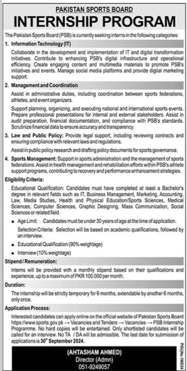 Latest Pakistan Sports Board PSB Internship Program Islamabad 2024