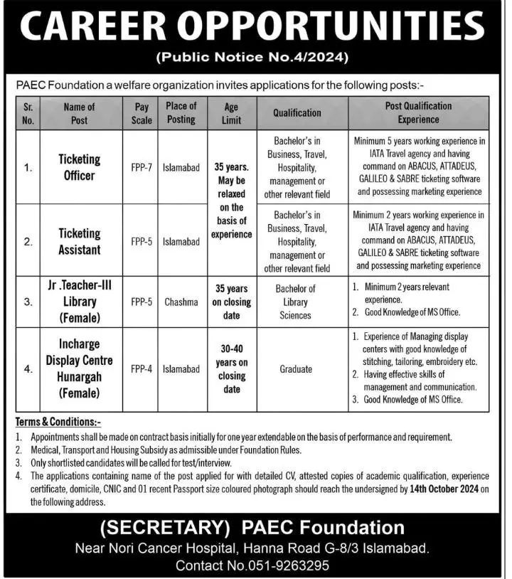 Latest Paec Foundation Jobs in Islamabad Advertisement 2024