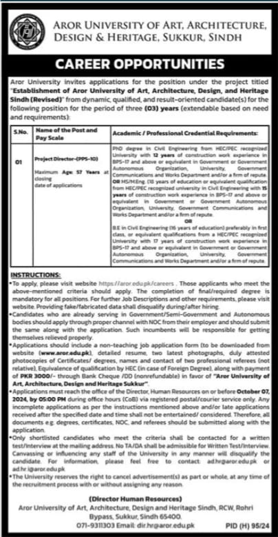 Project Director Jobs at Aror University Sukkur September 2024