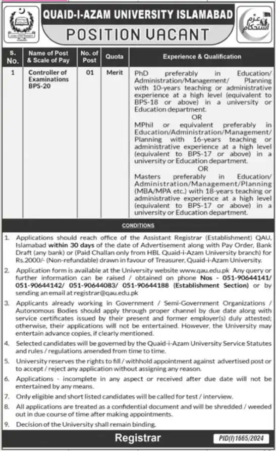 Latest Quaid i Azam University QAU Islamabad Jobs September 2024 Advertisement