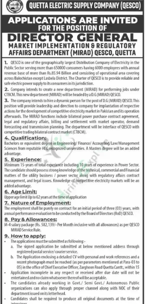 Quetta Electric Supply Company QESCO Director Jobs September 2024 Advertisement