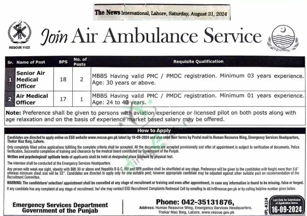 Rescue 1122 Jobs September Advertisement 2024-Air Ambulance Services